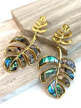New ~ Anthropologie Abalone Shell Monstera Leaf Drop Earrings